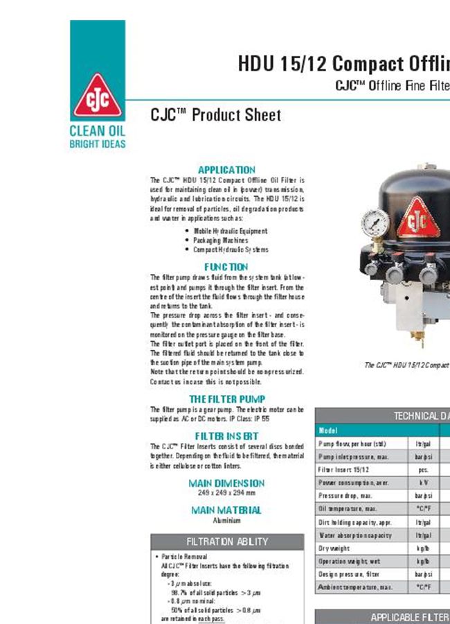 CJC - Model HDU 15/12 - Compact Offline Oil Filter - Brochure