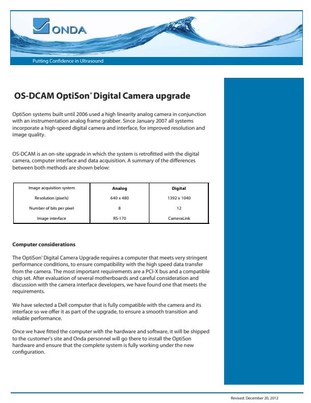 OptiSon - Model OS-DCAM - Digital Camera Upgrade - Datasheet