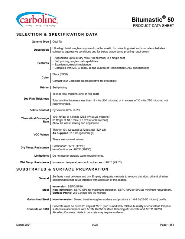 Bitumastic - Model 50 - Ultra-High Build, Single-Component Coal Tar ...