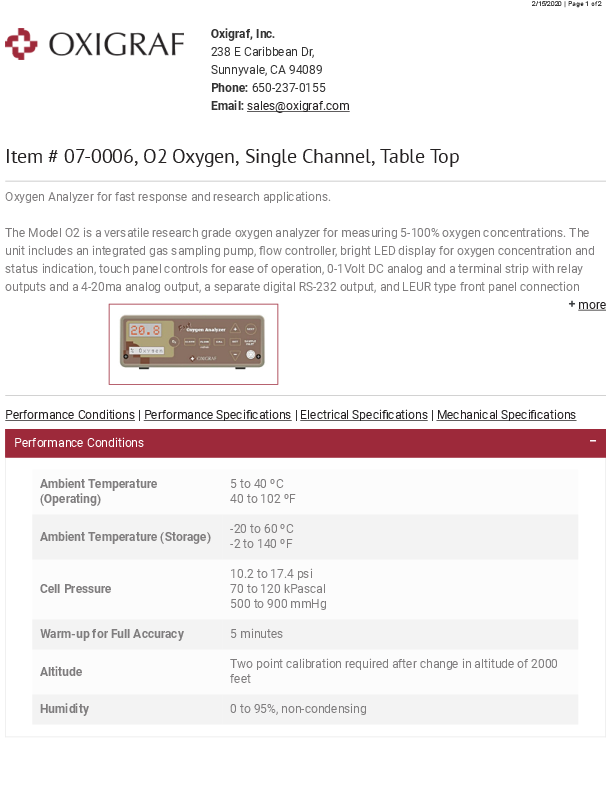 O2 Sensor Data Scanner Table Oxigraf - Model O2 - Single Channel Table Top Oxygen Analyzer Brochure