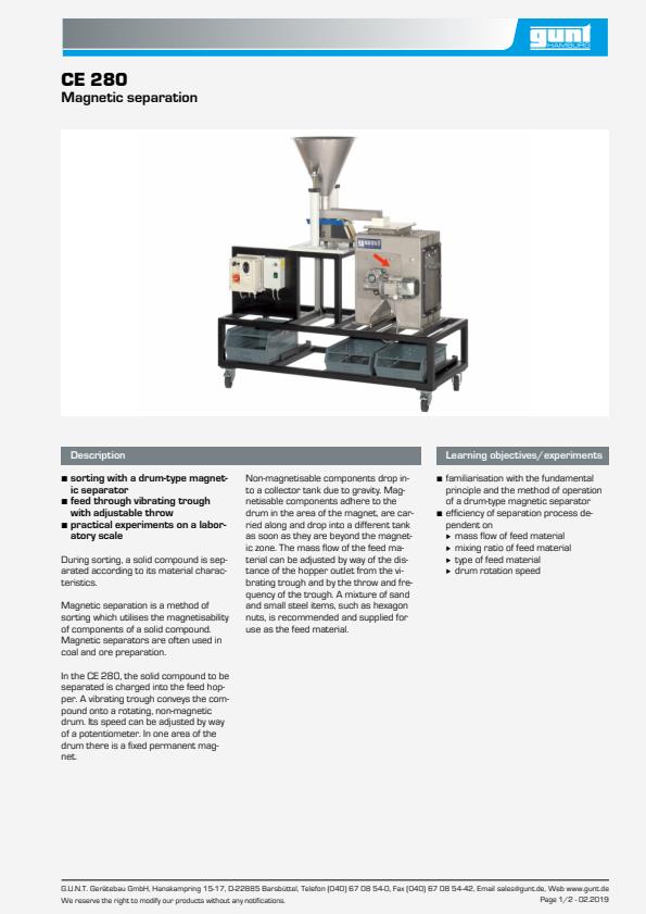 Gunt - Model CE 280 - Magnetic Separation Machine - Brochure