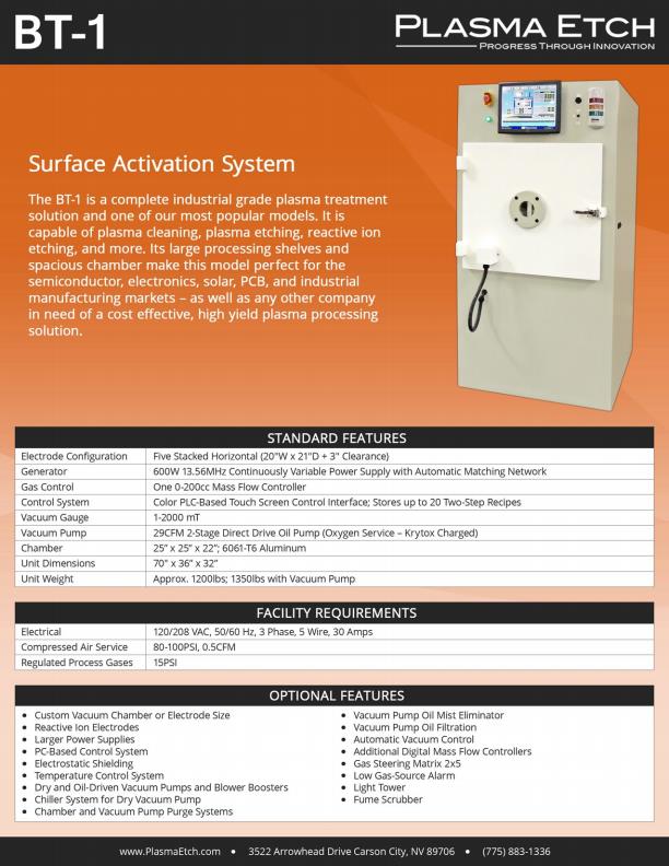 Plasma-Etch - Model BT-1 - Industrial Plasma Processing System - Brochure