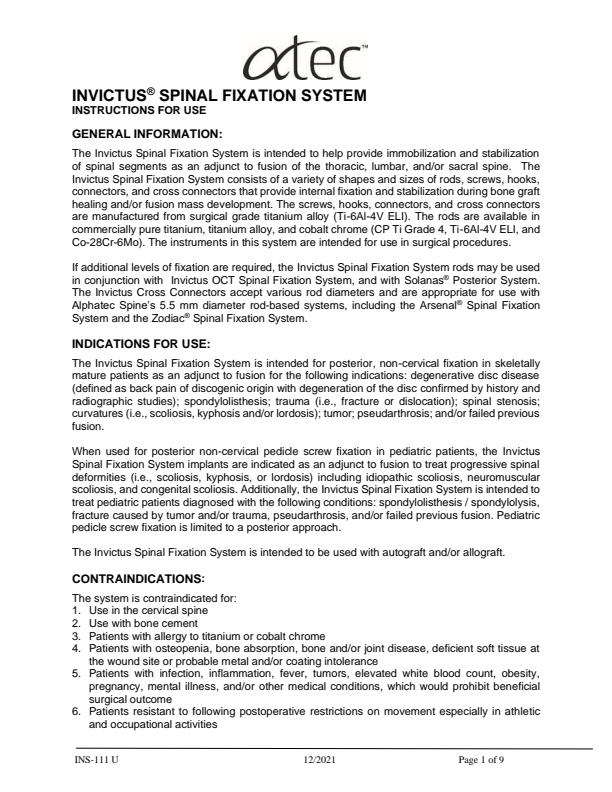 ATEC Invictus - Comprehensive Spinal Fixation Platform System - Brochure