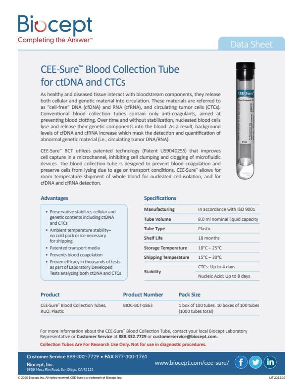Biocept - Blood Collection Tube (BCT) for cfDNA and CTCs - Brochure