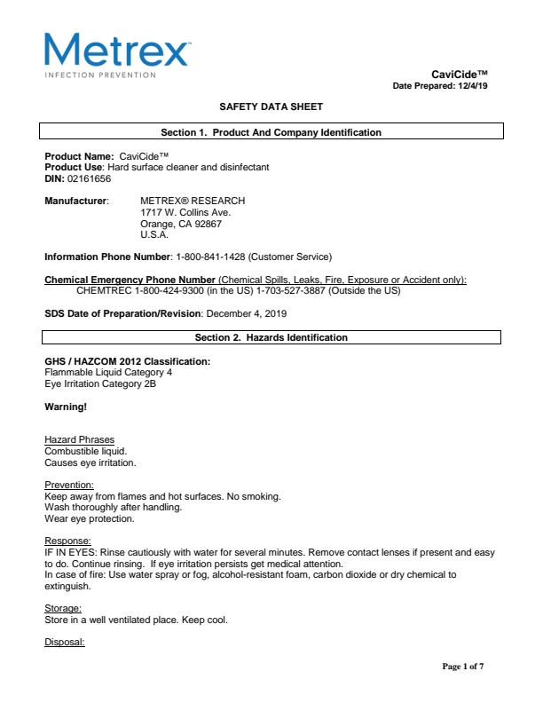 Metrex CaviCide - Surface Disinfectants - SDS