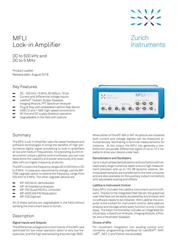 Zurich Instruments - Model MFLI - 500 kHz / 5 MHz Lock-in Amplifier ...