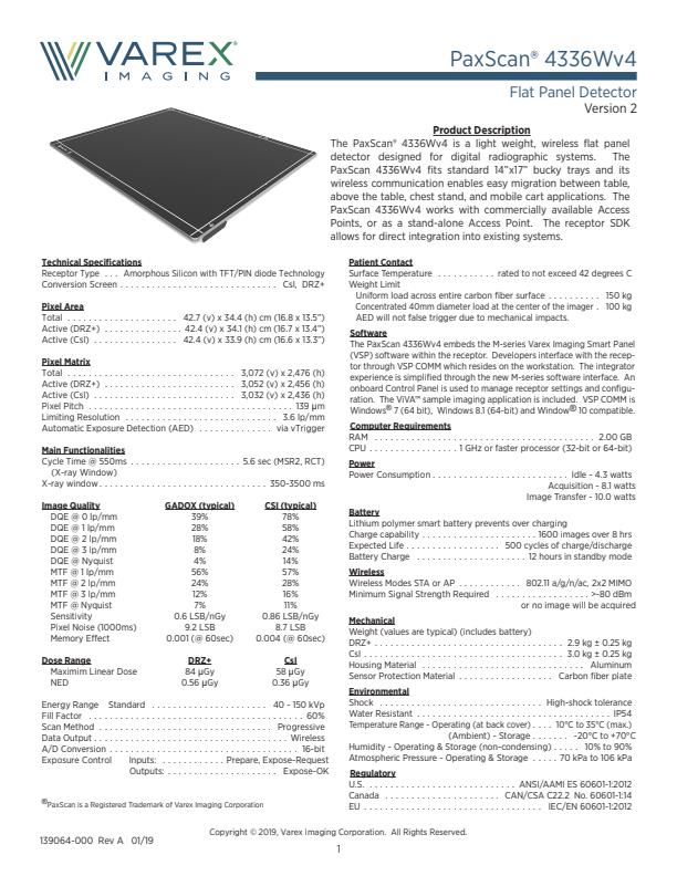 PaxScan - Model 4336W - Wireless Flat Panel Detector - Datasheet