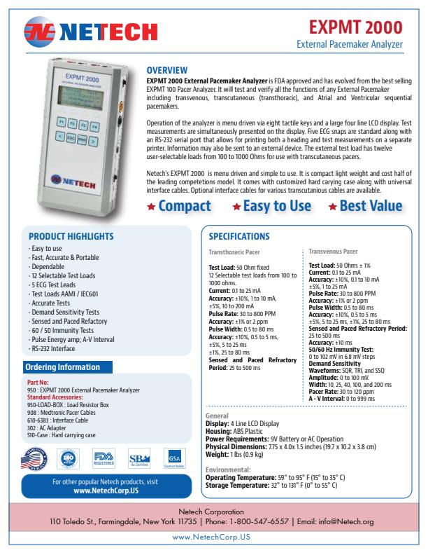 Netech - Model EXPMT 2000 - External Pacemaker Analyzer - Brochure