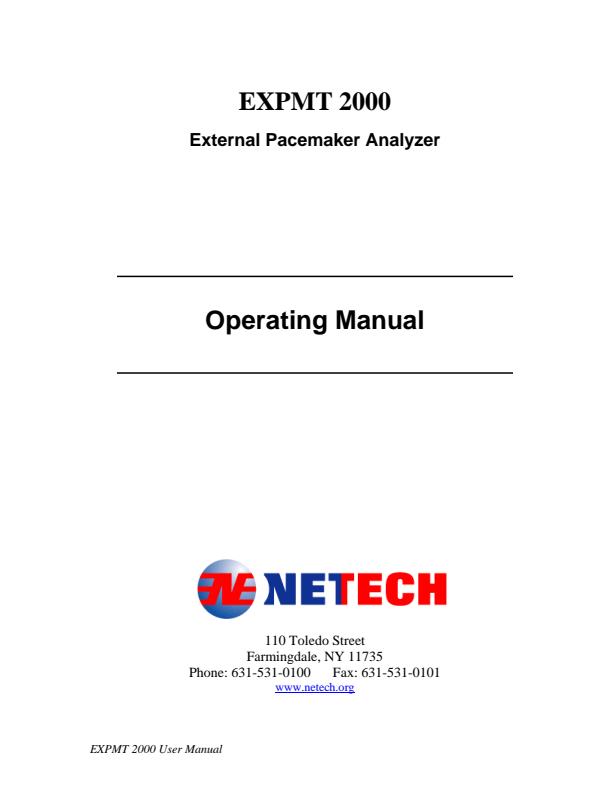 Netech - Model EXPMT 2000 - External Pacemaker Analyzer - Operating Manual