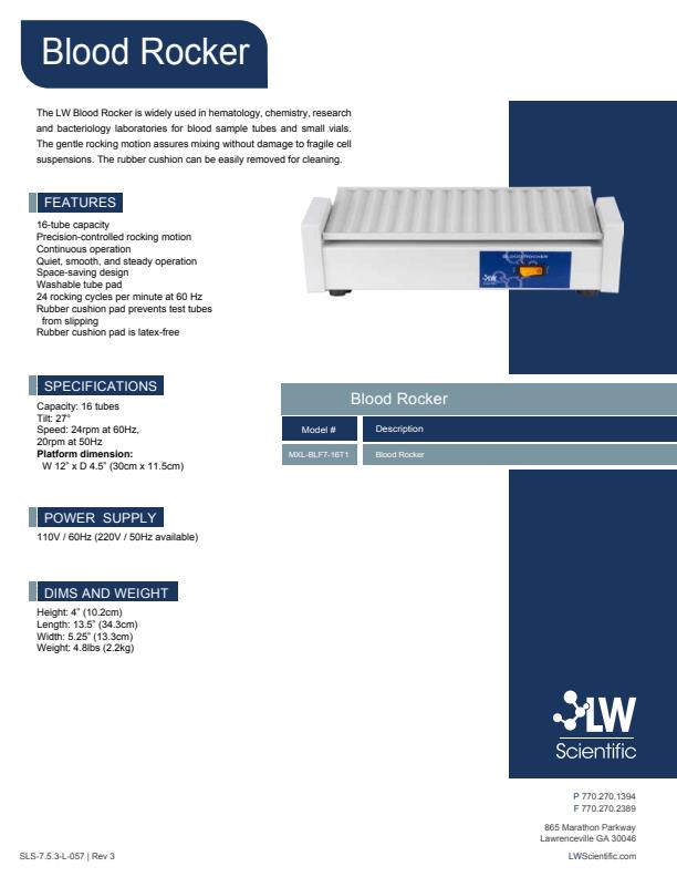 LW Scientific - Model MXL-BLF7-16T1 - Blood Rocker - Brochure