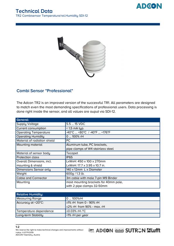 Adcon - Model TR2 - SDI-12 - Combisensor Temperature/Relative Humidity ...