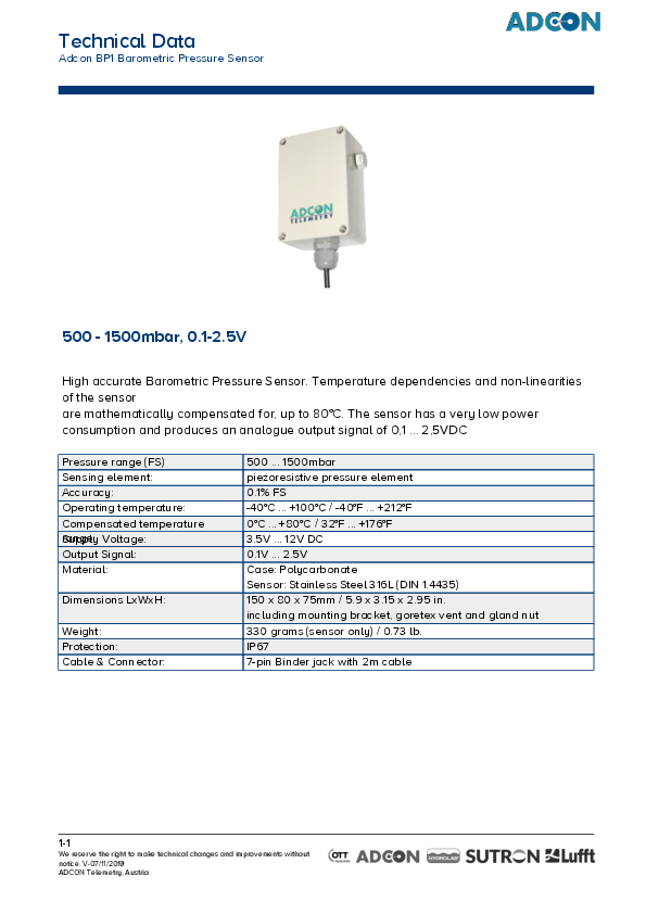 Adcon - Model BP1 - Barometric Pressure Sensor - Technical Datasheet