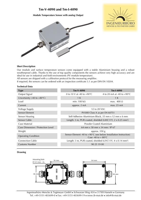 IMT - Model Tm-V-4090 and Tm-I-4090 - Module Temperature Sensor with ...