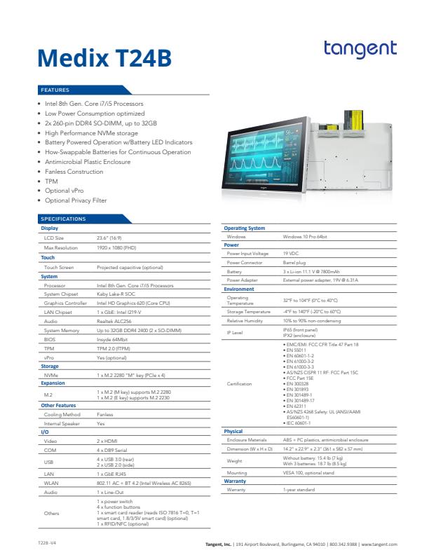 Tangent - Model Medix T24B - 24` Medical Grade Computer - SpecSheet