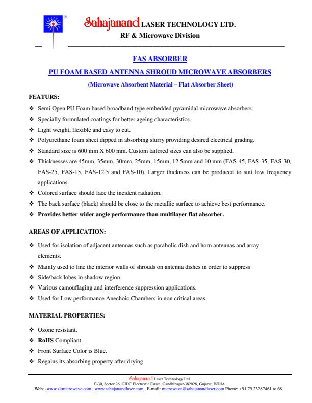 RF - Pu Foam Based Antenna Shroud Microwave Absorbers Datasheet