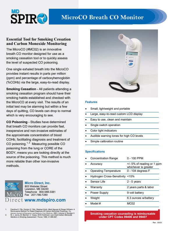 MDSpiro MicroCO - Model MC02 - Breath CO Monitor - Brochure