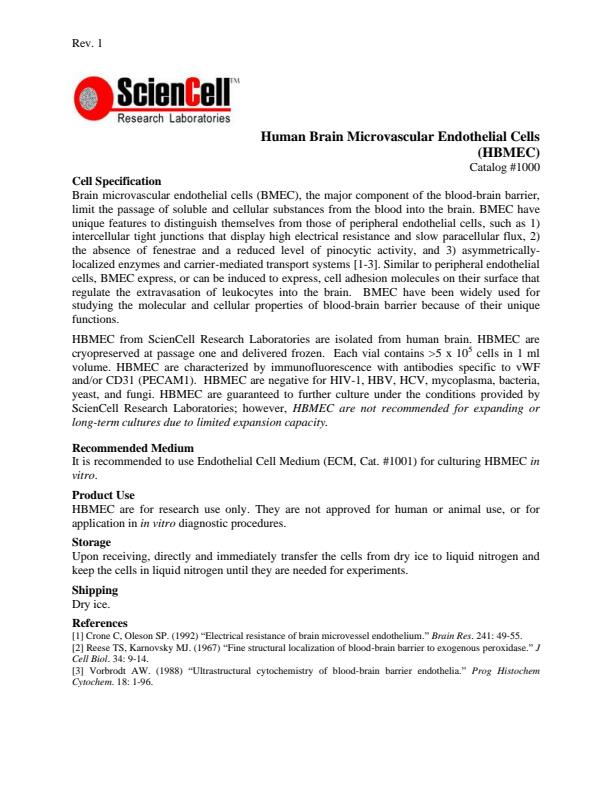 ScienCell - Model 1000 - Human Brain Microvascular Endothelial Cells ...