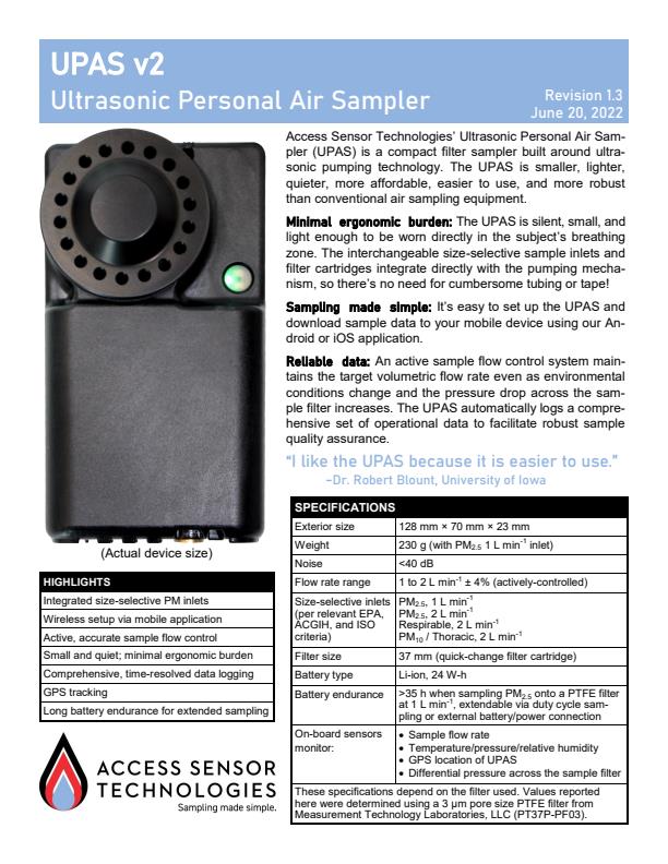 AST - Model UPAS v2 - Compact Ultrasonic Personal Air Sampler System ...