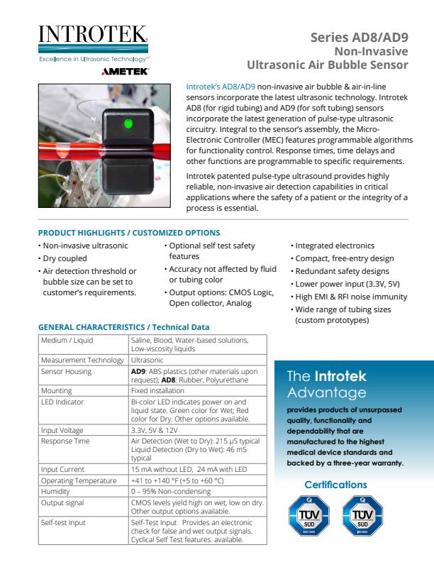 INTROTEK - Model Series AD8 / AD9 - Integral Air Bubble & Air-In-Line ...