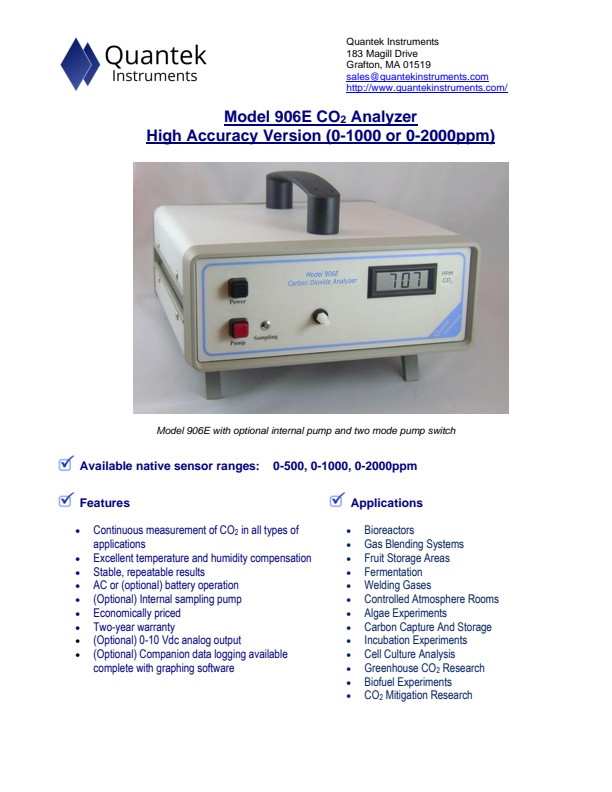 Quantek - Model 906E - Version (0-1000 or 0-2000ppm) - High Accuracy ...