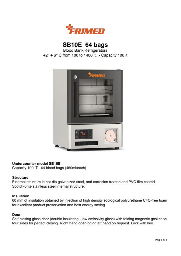 Frimed - Model SB10E - Blood Bank Refrigerator with 64 Bags Datasheet