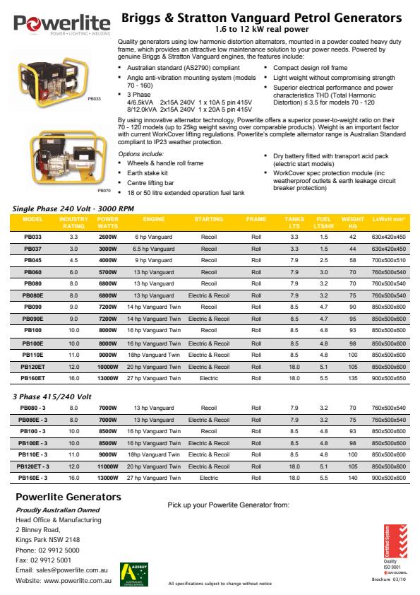 Powerlite - Model 10kva - Portable Generator with Battery - Brochure