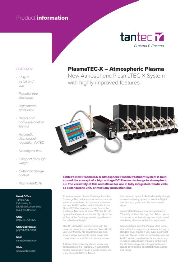 Tantec - Model PlasmaTEC-X - Atmospheric Plasma Treatment System - Brochure