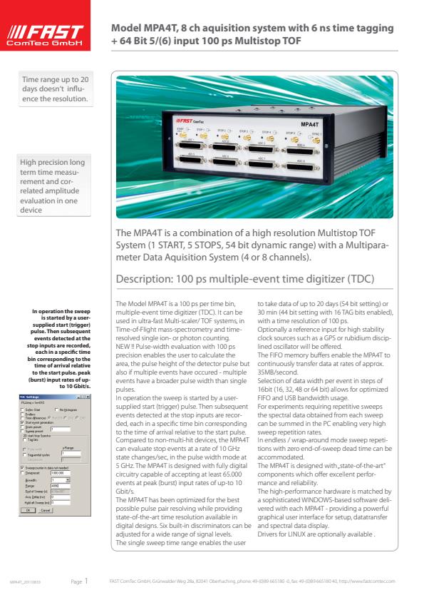 FAST ComTec - Model MPA4T - Multiparameter TOF System Datasheet