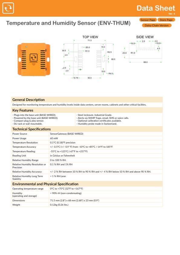 InfraSensing - Model ENV-THUM - Temperature & Humidity Sensor - Brochure