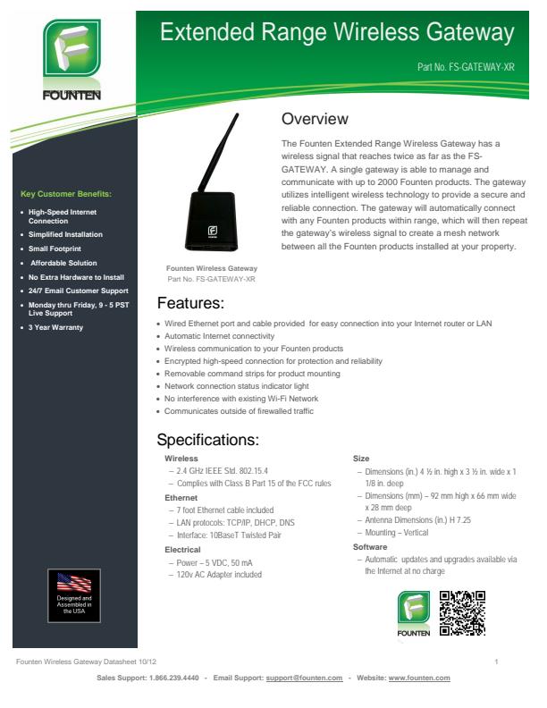 Founten - Model FS-GATEWAY-XR - Extended Range Wireless Gateway - Brochure