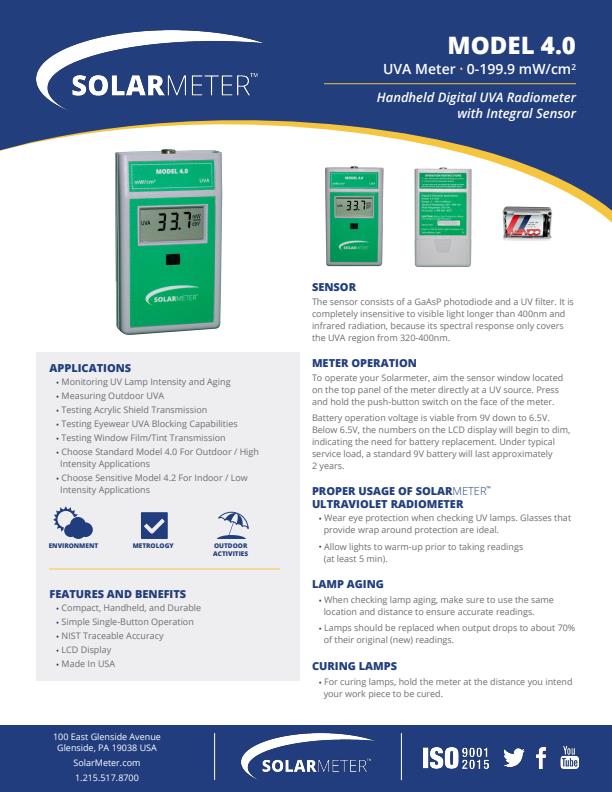 Solarmeter - Model 4.0 - Standard UVA Meter Datasheet
