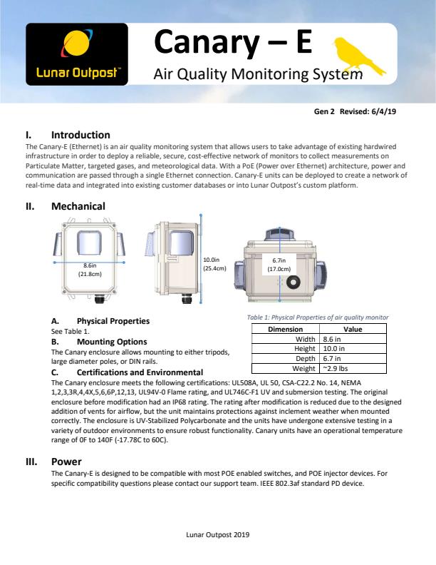 Outpost - Model Canary-E - Air Quality Monitoring System Datasheet