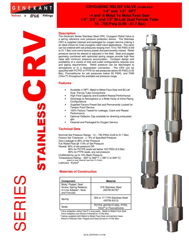 Generant - Model CRV - Cryogenic Relief Valve Brochure