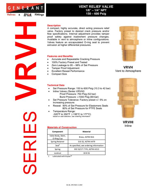 Generant - Model VRVH - Vent Relief Valve High Pressure Brochure