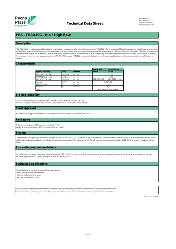 PBS TH803SG High Flow - Technical Data Sheet