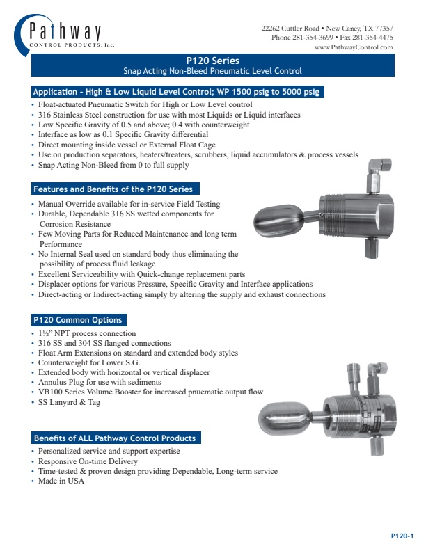 P120 Series Snap Acting Non-Bleed Pneumatic Level Control - Brochure