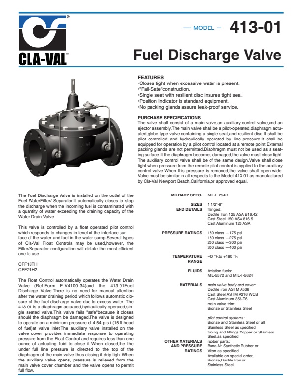 Cla-Val - Model 413-01 - High Liquid Level Shut-Off Valve - Engineering ...