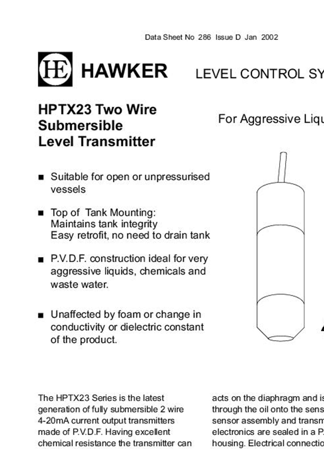 Model HPTX - Two Wire Submersible Pressure Transmitter Brochure
