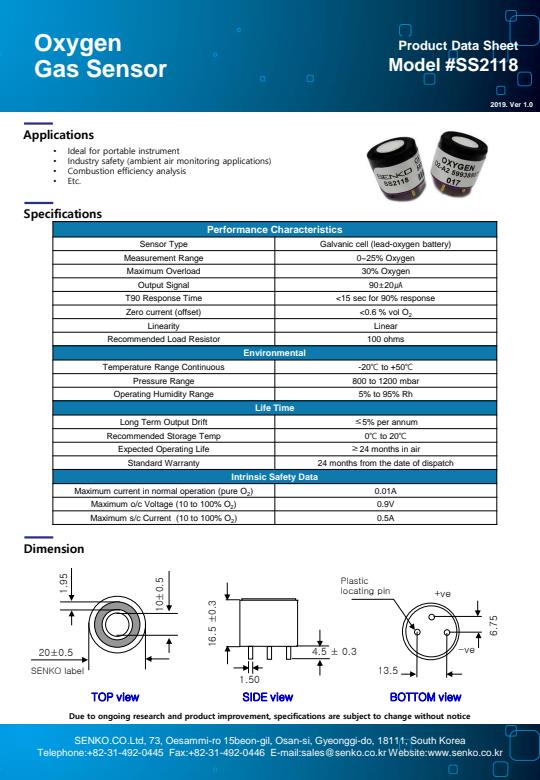 Senko - Model SS2118 (O2) - High Quality Electrochemical Gas Sensor ...