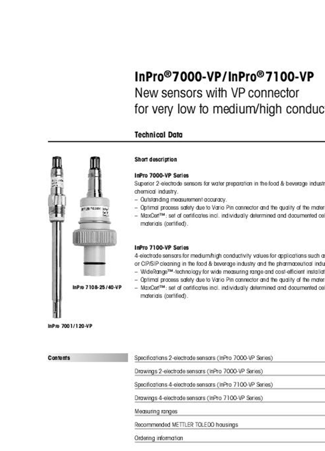 InPro 7001-VP 2-Electrode Conductivity Sensor Technical Specifications