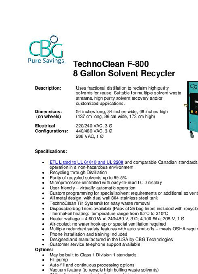 TechnoClean - F-800 - 8 Gallon Solvent Recycler Brochure