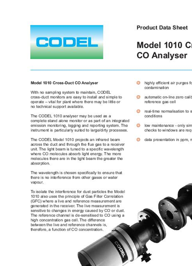 Codel - Model 1010 - Single Channel Cross Duct CO Gas Analyser - Datasheet