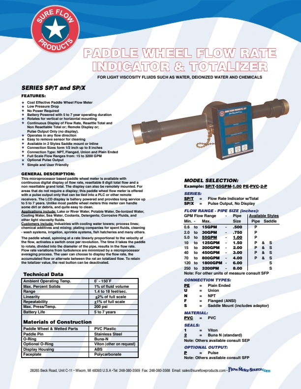 Sure Flow - Model SP/T & SP/X Series - Paddle Wheel Flow Meter, Flow ...