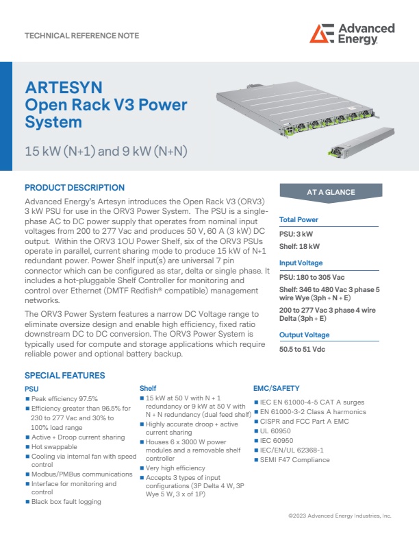 Advanced Energy - Model Artesyn - ORv3 - Power Supply Unit (PSU) - Brochure
