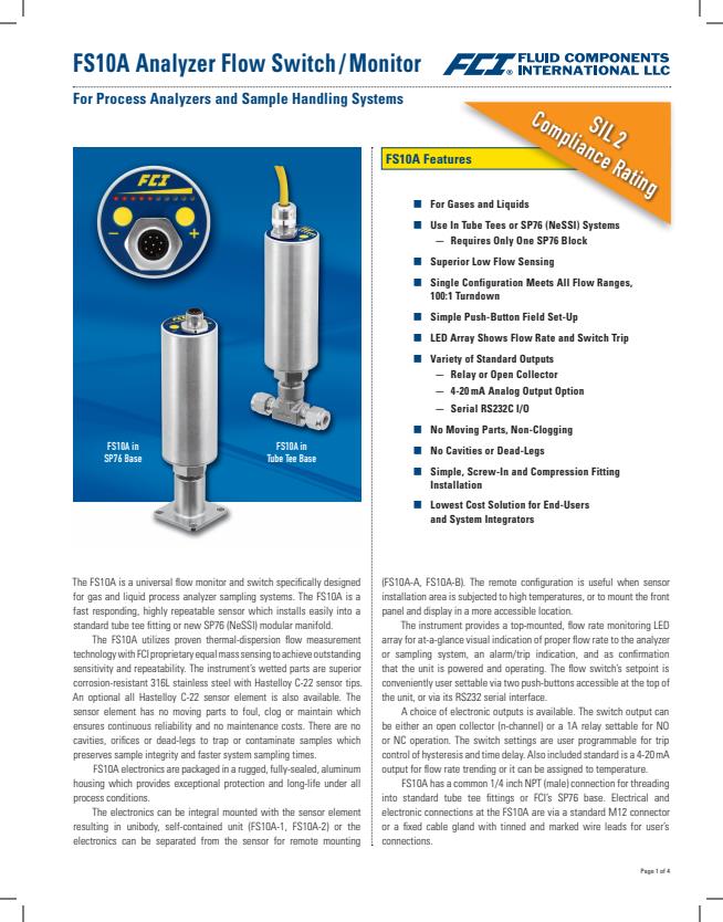 FCI - Model FS10A - Analyzer Universal Flow Switch/Monitor - Brochure