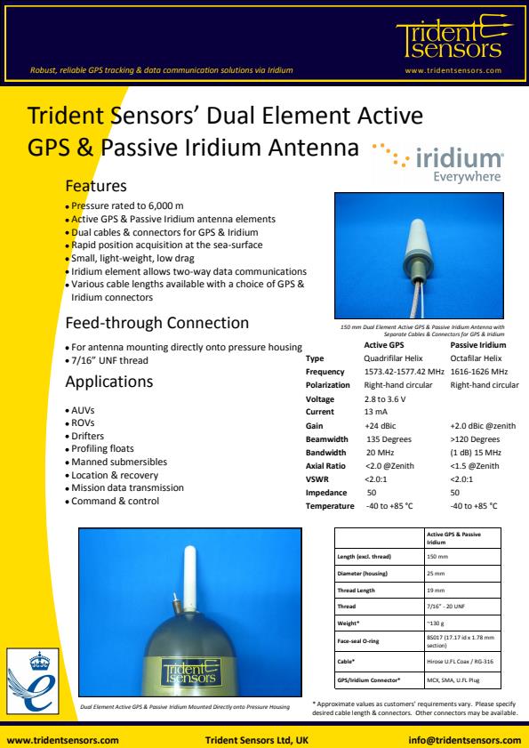 Trident - Dual Element GPS & Passive Iridium Antenna - Brochure