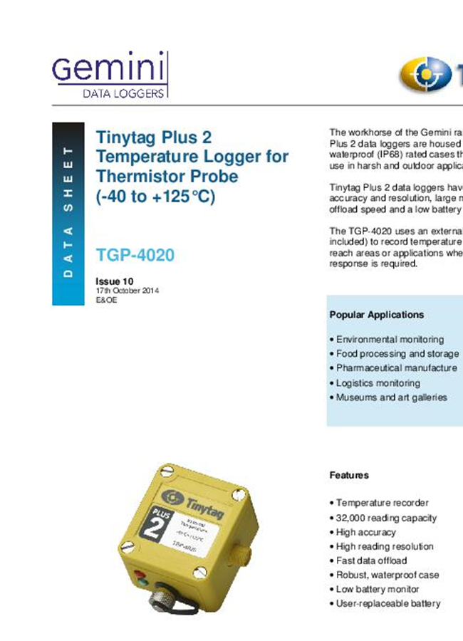 Tinytag Sensor Tinytag Plus - Model Tinytag Aquatic 2-TG-4100 - Submersible ...