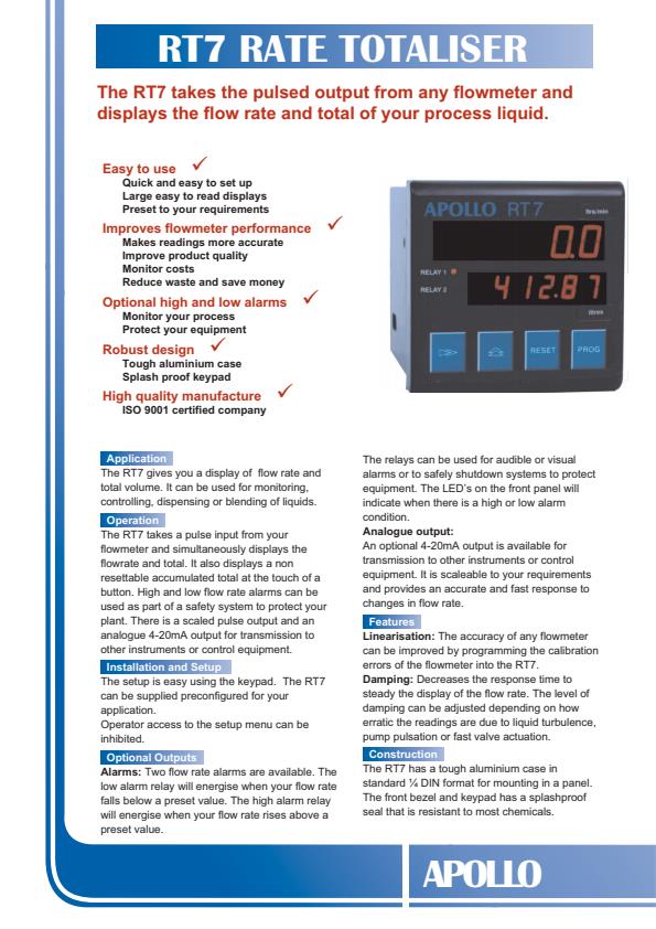 Apollo - Model RT7 - Rate Totaliser - Brochure