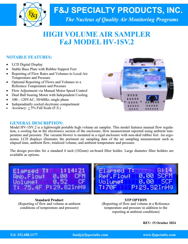F&J - Model HV-1SV.2 - High Volume Air Sampler - Brochure