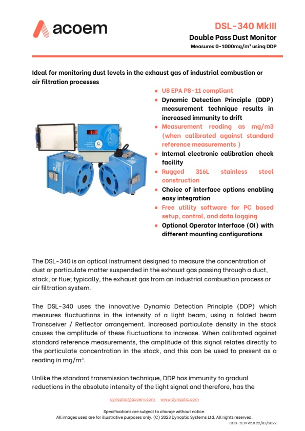 Acoem Dynoptic - Model DSL-340 MkIII - Double Pass Dust Monitor - Datasheet